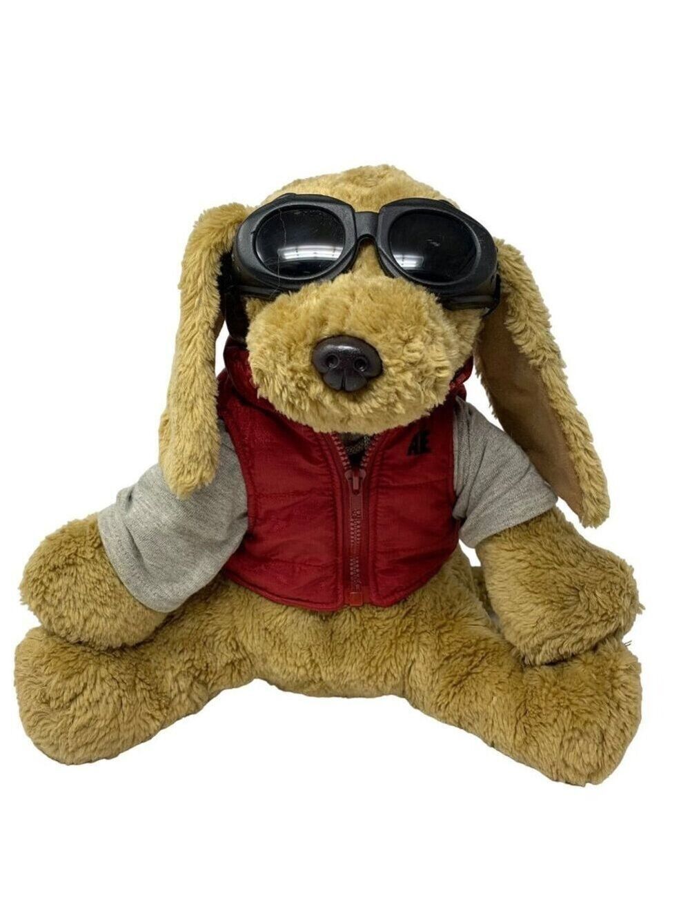 AE Dog Plush Goggles 14 inches Red Zipper Vest Cuddly Soft Toy Stuffed Animal
